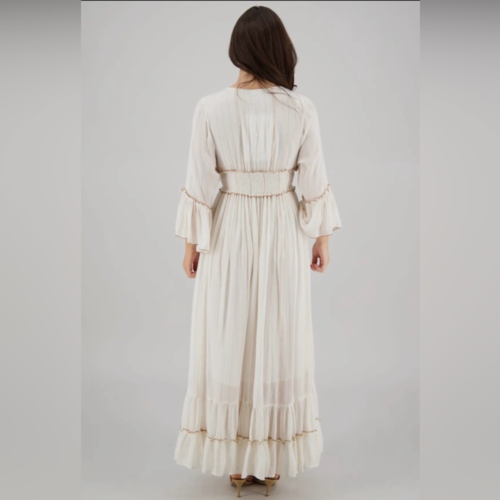 Beige khaki gold Indian boho bohemian embellished shimmer tassel maxi lux dress - Picture 7 of 8